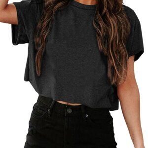 Women Short Sleeve Cropped T-Shirts Crew Neck Loose Crop Tops Summer Casual Drop